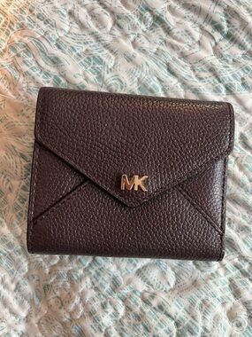Michael Kors Pebbled Envelope Wallet in Dark Brown / Plum with Gold MK Hardware